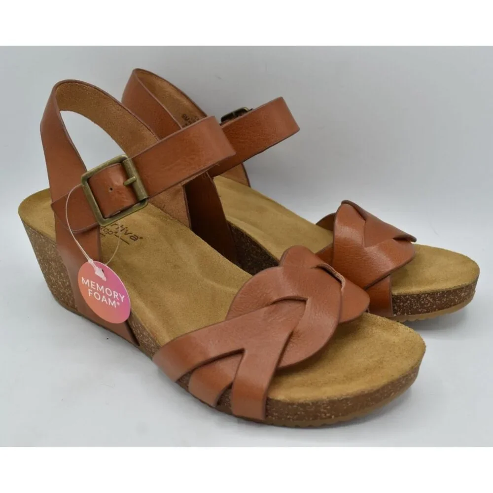 Comfortiva‎ Womens Size 9 Erena Luggage Leather Wedge Sandals Shoes
